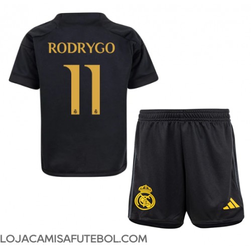 Camisa de Futebol Real Madrid Rodrygo Goes #11 Equipamento Alternativo Infantil 2023-24 Manga Curta (+ Calças curtas)